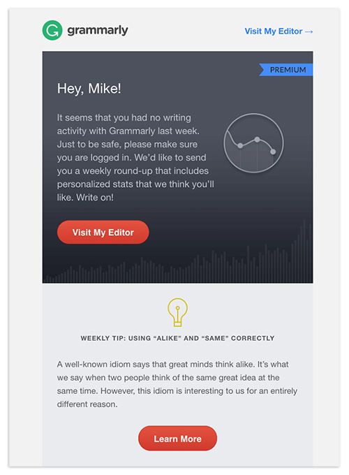 A personalized email by Grammarly using a person's first name in the body of the email