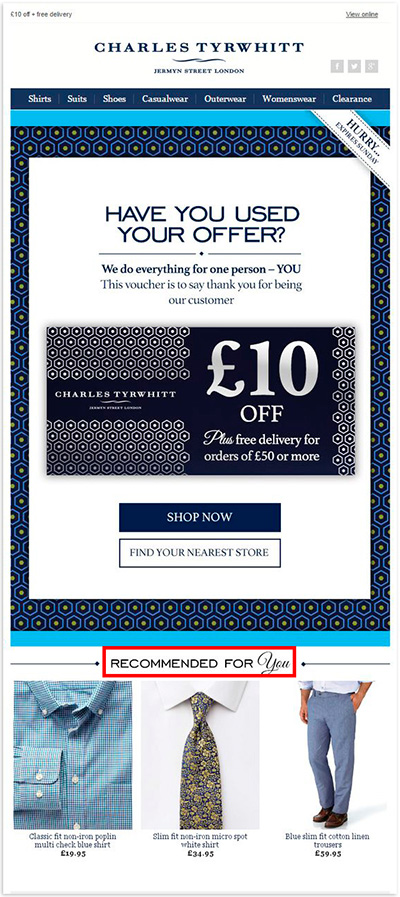 A personalized email by Charles Tyrwhitt suggesting relevant products at the end based on the previous purchases