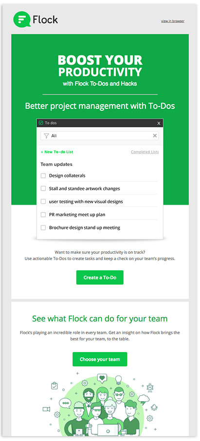 A personalized email by Flock listing tips and tricks on boosting productivity with Flock's tools