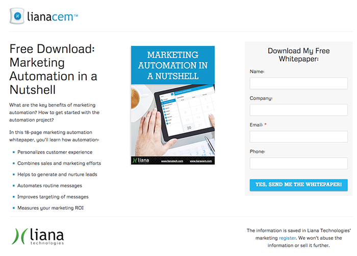 Marketing automation platform LianaCEM landing page