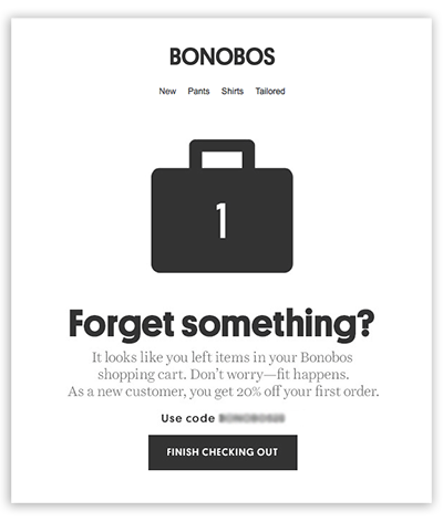 an abandoned carts reminder by Bonobos encouraging to complete a purchase