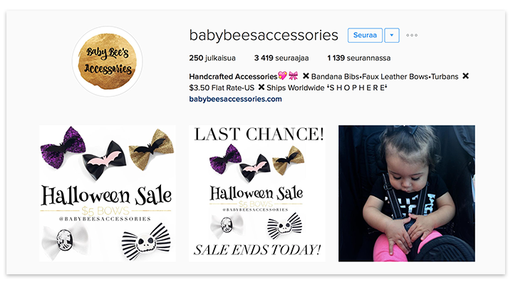 Babybeesaccesories ohjaa sivuilleen kuvan avulla.