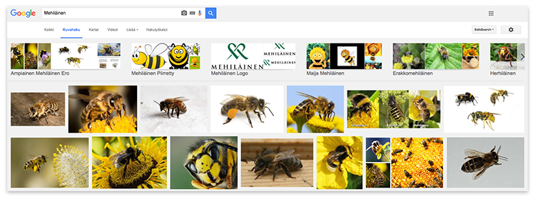 Google-haku mehiläisistä näyttää sekä hyönteisiä että firman.