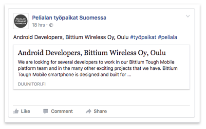Pelialan työpaikat Suomessa -ryhmä jakaa avoimia paikkoja.
